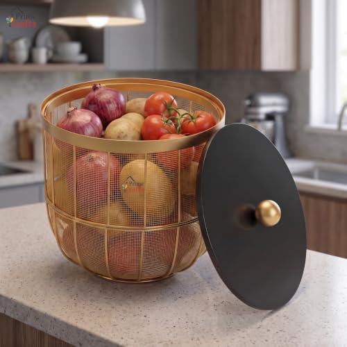 Image of Decorative Net (Jaali) Design Fruit and Vegetables Basket with Natural Wooden Lid | Premium Insect Resistant Storage Organizer for Home and Kitchen - Gold