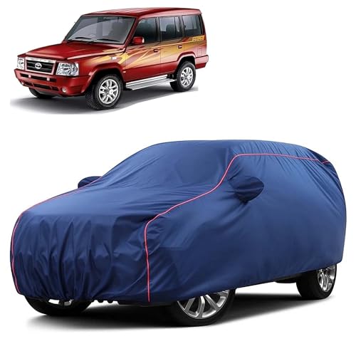 Image of Sulfar 100% Water Resistant Car Body Cover Compatible with Mirror for Tata Sumo (Triple Stitched, Full Bottom Elastic, Blue Taffeta with Red Piping)