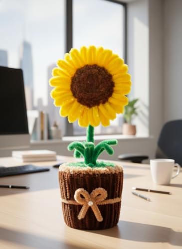 Image of Handmade Artificial Flower Pot for Home Decor | Cute Fuzzy Wire Pipe Cleaner Flower Plant | Aesthetic Tabletop Decorative Pot for Home, Office & Gifting (Soft Bloom :- Yellow)