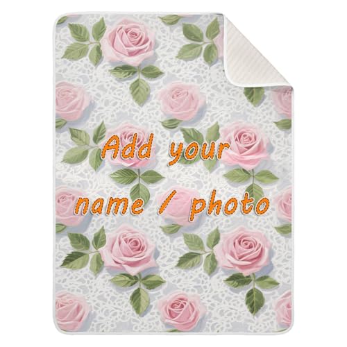 Custom Trendy Pink Lace Rose Flowers Blanket for car seat Cozy Customise Name Monogrammed Blankets for Nursery Stroller Crib 30x40in para Bebes recien nacidos
