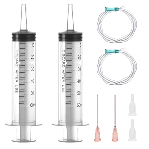 2 Stück Spritzen 60 ml/cc mit Schläuchen und stumpfen Nadeln Wiederverwendbar Einzeln verpackt Steril Messflüssigkeiten Pflanzenbewässerung Tierfütterung Wissenschaftliche Labors Industrie