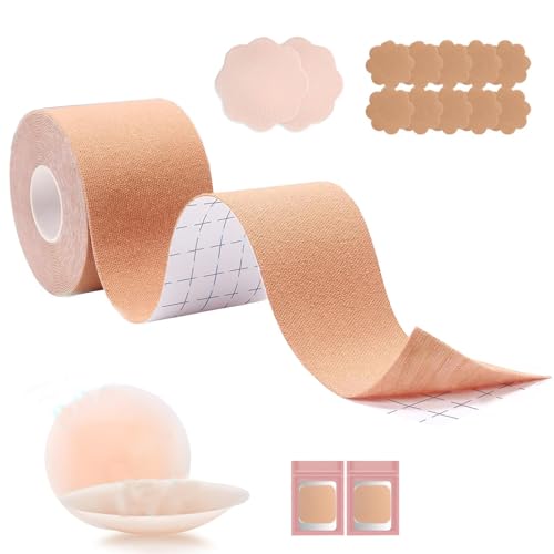 Cinta Adhesiva Pecho 5m, Boob Tape, Pezoneras Adhesivas Invisibles, Cubre Pezones Adhesivo En Forma De Flor, Sujetador Invisible para Sin Espalda, Corte Bajo, Vestido de Noche