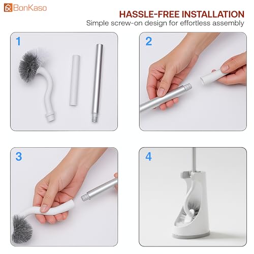 Image of BonKaso Tilly Toilet Brush with Holder for Bathroom Cleaning | TPR Soft Bristles & Anti-Scratch Design | Ergonomic Handle Toilet Brush for Deep Cleaning | Durable, Quick Drying - Light Grey & White