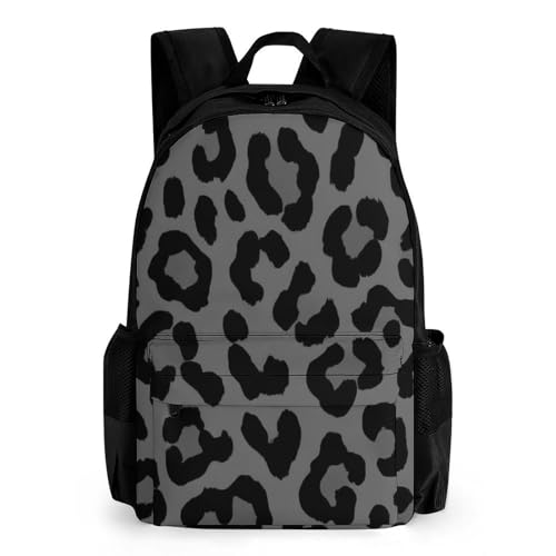 Large Capacity Dark Gray Black Leopard Cheetah Print Backpack, Women Men Portable Daypack for Hiking, Shopping, Fashion Comfy Shoulder Bag with Adjustable Strap