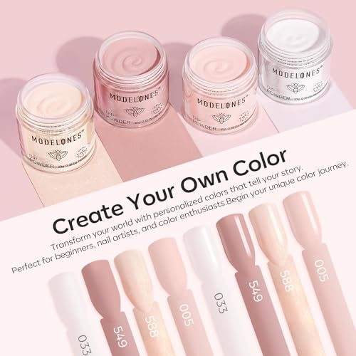 Modelones Dip Powder Nail Kit, 4 Colors Nude Pink Glitter Dipping Starter Set with Liquid and Complete Accessories for French Nails Art Salon DIY at Home Manicure