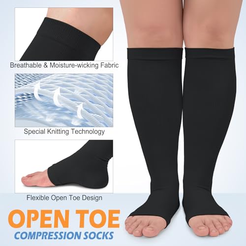 Image of CTHH Toeless Compression Socks for Women & Men Open Toe Knee High Stocking | 3 Pack 20-30 mmHg Graduated Compression Socks Best Support for Circulation Flying Running Daily Wear Cooling