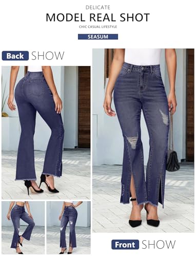 Women's Ripped Jeans High Waisted Hip Lift Flared Jeans Stretchy Wide Leg Destroyed Denim Split Hem Pants2