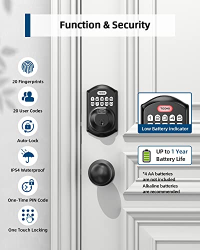 Teeho Te002K Fingerprint Door Lock Set - Keyless Entry Door Lock With Handle - Door Knob With Keypad Deadbolt - Smart Locks For Front Door - Auto Lock - No Need App - Easy Installation - Matte Black #TOP4