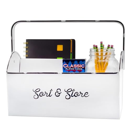 AuldHome Design Enamelware Rustic Caddy w/Handle, Distressed White Farmhouse Sort and Store Carryall