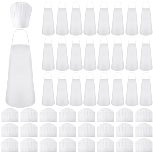 Coume 48 Pcs Disposable Non Woven Apron Chef Hat Set Adult Kitchen Aprons Adjustable Bakery Hats for Kitchen Cooking Baking (White)