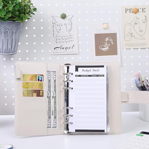 Image of SKYDUE Budget Binder with 8pcs Zipper Envelopes, Money Organizer for Cash with 12pcs Expense Budget Sheets & 24 Blak Sticky Labels, Budget Book with Cash Envelopes (Creamy Oatmeal)