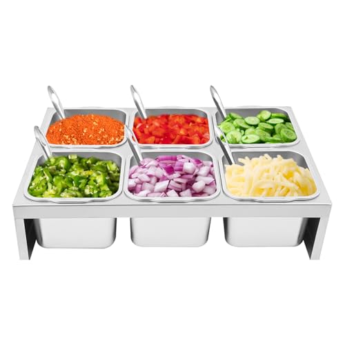 Food Topping Station, 6 Compartments Stainless Steel Condiment Dispenser with 6 Spoons And Lids for Prepping Ingredients And Toppings