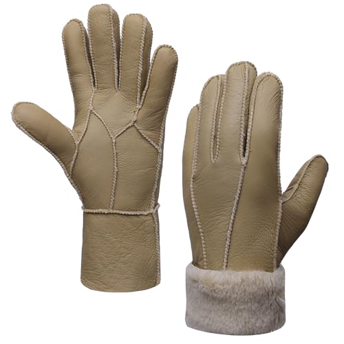 MGGMOKAY Damen Lederhandschuhe Schaffell Handschuhe aus Shearling Warme Winterhandschuhe Beige M