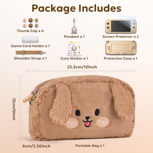 Image of innoAura Switch Lite Case 14-in-1 Accessories Bundle for NS Switch Lite (2019), with Protective Carrying Case, Game Holder, Screen Protector & Cute Thumb Grips, Brown Dog Plush Bag