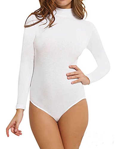 COMMENCER Women Stretch Leotard Bodysuit One-Piece Assorted White-M/L