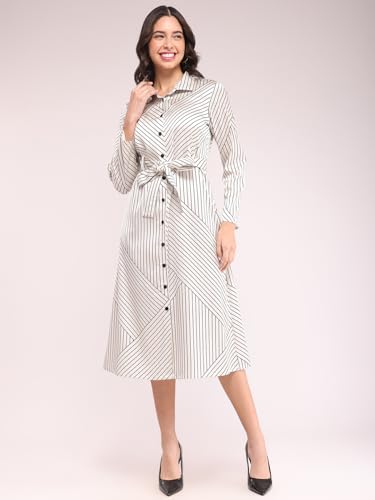 Image of FableStreet Women Formal Dress | Notch Collar Wrap Midi Dress with Self-Tie Belt & Button-Front | Smooth Viscose Rayon Fabric for Workwear & Day-to-Night Elegance