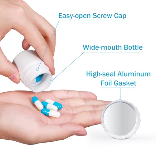 Image of Small Pill Bottle for Travel Screw Top, Empty Medicine Bottles for Pills Capsules Vitamins, Food Grade Wide Mouth Plastic Small Travel Medicine Containers with Labels (White, 1oz /30ml, 8 Pcs)