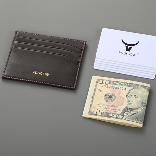 Image of HISCOW Slim Full Grain Leather Card Holder, Coffee | Men's minimalist EDC wallet, front pocket carry, 6 credit card slots & center pocket, fits folded bills, premium gift box