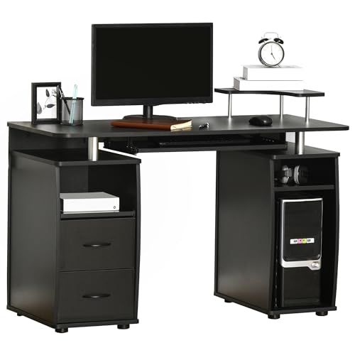 HOMCOM Computer Desk Office PC Table Workstation with Keyboard Tray, CPU Shelf, Drawers, Sliding Scanner Shelf, Black