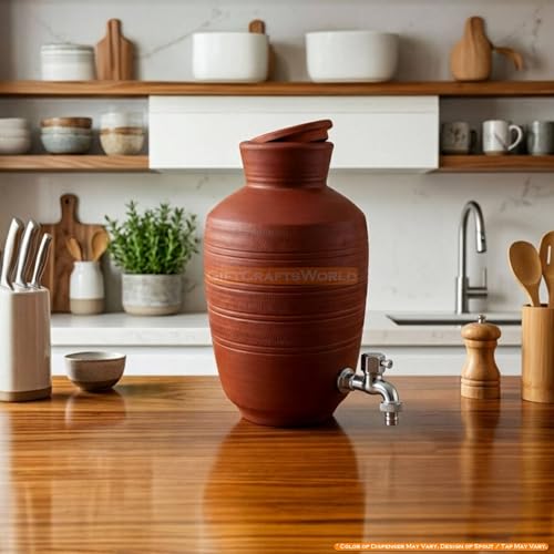 Image of Terracotta Clay Water Dispenser with Tap and Lid - Mitti Ka Ghada for Water Cooling, Eco Friendly Earthen Pot, Traditional Home Kitchen Drinkware Storage Container (10 Liters)
