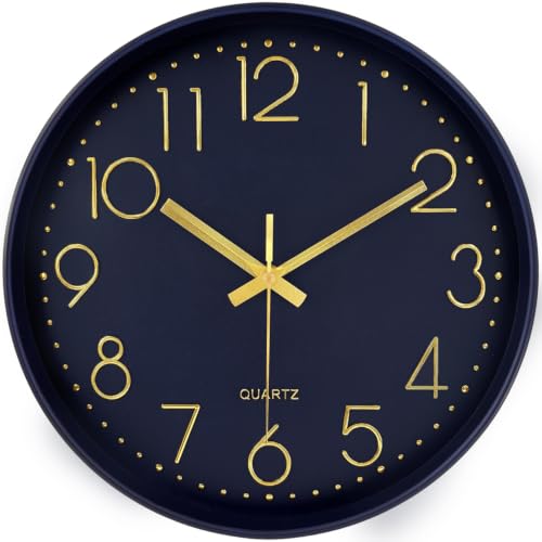 Image of 14Inch Navy Blue Silent Wall Clock Battery Operated Clocks for Home | Non-ticking Analog Clock with Tempered Glass & Large Numbers, Wall Clocks for Living Room, Bedroom, Office and Kitchen Decor