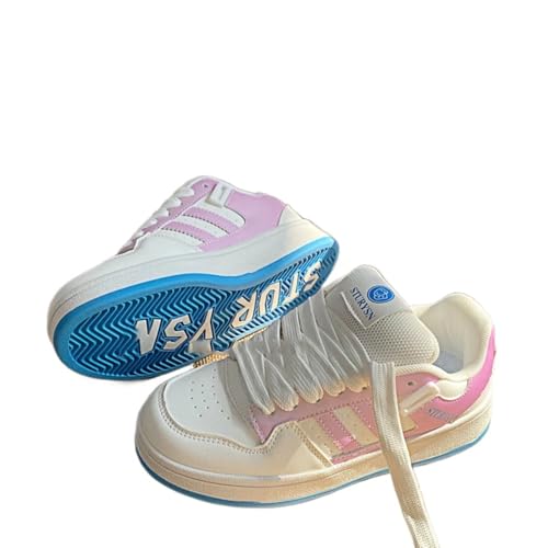 Trendy PU Leather Sneakers with Blue Sole Stur ysn Comfortable Lightweight Casual Shoes Women Stylish Everyday Flats