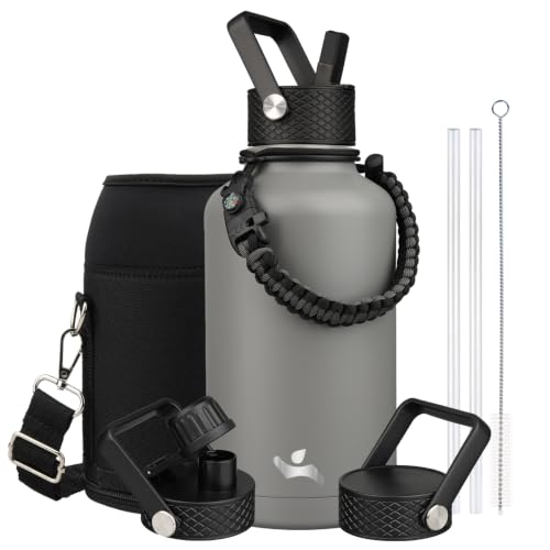 Image of Konokyo Half Gallon Insulated Water Bottle with Straw,64 oz 3 Lids Water Jug with Carrying Bag,Paracord Handle,Double Wall Vacuum Stainless Steel Metal Flask,Gray