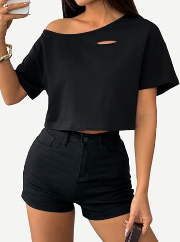 Remidoo Women's Off The Shoulder Graphic Crop Top Tee Half Sleeve Loose Fit T Shirt3