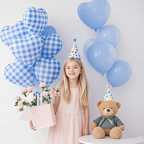 Image of 10 Pcs Blue Checked Heart Balloons, 18 Inch Pastel Blue And White Plaid Heart Shaped Balloon For Romantic Wedding Propose Valentine Engagement Bridal Shower Love Graduation Party Decorations