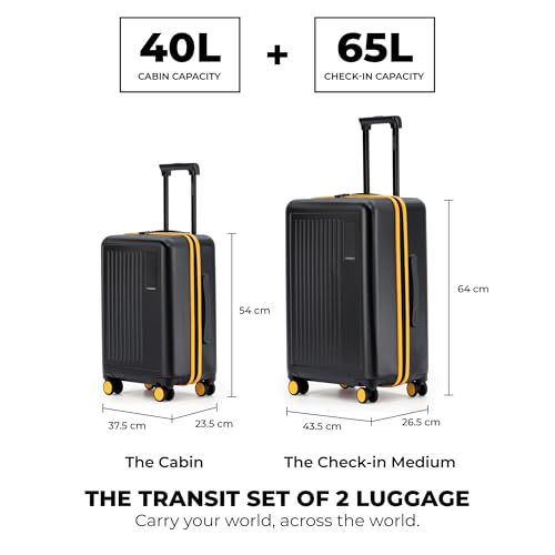 MOKOBARA Polycarbonate The Transit Double Spinner Suitcase Luggage Poly-Carbonate Hard Sided 8 Silent Ninja Wheels (Crypto Sunray) (Black and Yellow Set of 2), Medium & Large, 74 cm