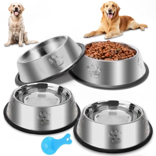 ACEONE Hunde Futternapf 4 Stück, Edelstahl Hundenäpfe mit rutschfest Silikonsohle, Haustier Fressnapf Wassernapf Dog Bowl für Mittel Große Hunde, Katzen, Tiere(M-22cm)