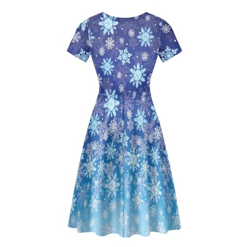 Image of Forchrinse Christmas Snowflakes Dress for Women Causal Midi Dresses Elegant Party Short Sleeve A Line Flared Swing Dress Xmas Sundress Size S-4XL