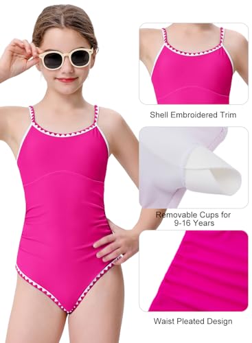 Image of XiaoMoSha Girls One Piece Swimsuit Adjustable Straps Bathing Suit Teen Girl Color Block Trim Padded Beach Swimwear 6-16 Years