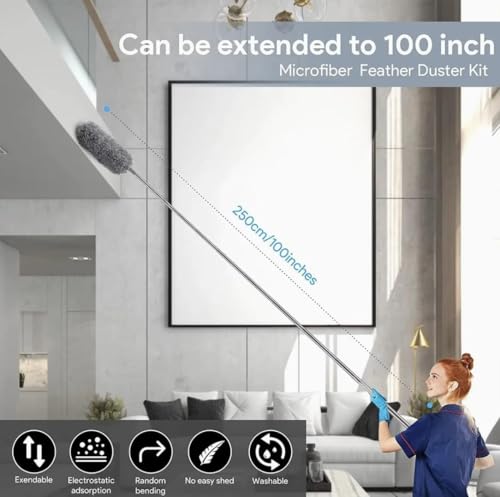 Image of Fan Cleaner Brush with 100 inches Expandable Pole Handle, Bendable & Flexible Cleaning Mop, Microfiber Dust Cleaner for Home, Kitchen, Car, Ceiling, Furniture (Grey)