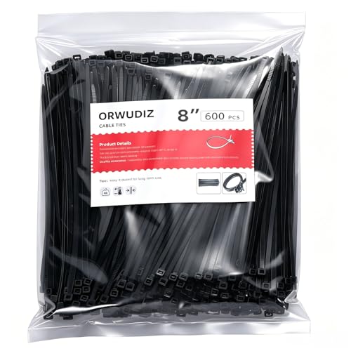 ORWUDIZ Cable Zip Ties 8 Inch Black 600 Pcs Nylon 66 Self-Locking 40 Lbs Tensile Strength UV Resistant Durable for Industrial Outdoor Home Electrical Wire Management
