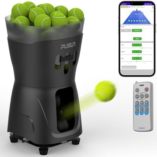 PUSUN PT-MINIPro Tragbare Tennisballmaschine - Leichte Indoor-Tennismaschine mit APP-Steuerung, 65-Ball-Kapazität, Tennistrainer für Schulen (3-5h Akku) (Schwarz)