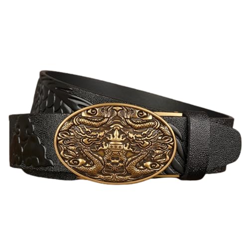 Men's Leather Dragon Print Ratchet Dress Belt - Adjustable Auto Buckle With Engraved Double Dragons3