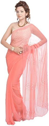Geroo Peach Pink Ethnic Mukesh Indian Saree Jaipuri Festive Sari with Blouse