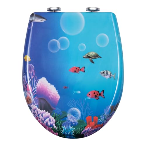 WOLTU Sedile WC con abbassamento automatico, motivo sedile WC con funzione Quick Release e, coperchio WC di alta qualità, in termoindurente, pesce