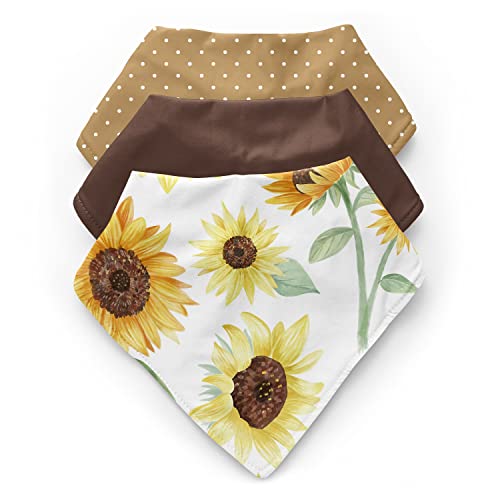Image of Sweet Jojo Designs Sunflower Boho Floral Girl Baby Bandana Bibs Newborn Infant Feeding Drool Yellow Brown Taupe Green White Bohemian Farmhouse Watercolor Flower 3 Pack Set Absorbent Fabric Bibdanas