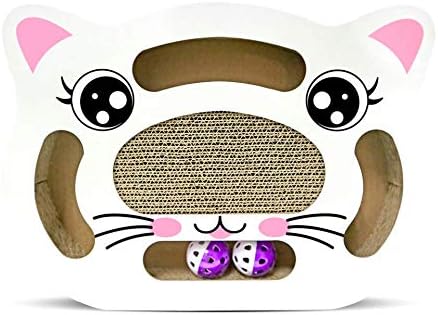 LORVOR Cat Scratching Board with Balls Bell and 1 Small Bag of Catnip, Kitty Scratcher Cardboard Interactive Cat Toy (Cat Head Shape)