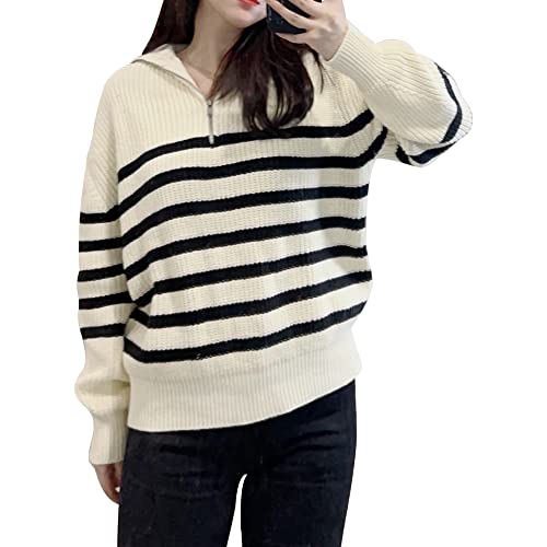 Babalet Womens Striped Knit Lapel V Neck Zip Collar Pullover Sweater4