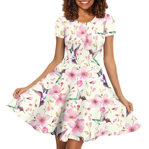 Image of HUGS IDEA Womens Puffy Swing Midi Dress Round Neck Short Sleeve Party A-Line Dresses