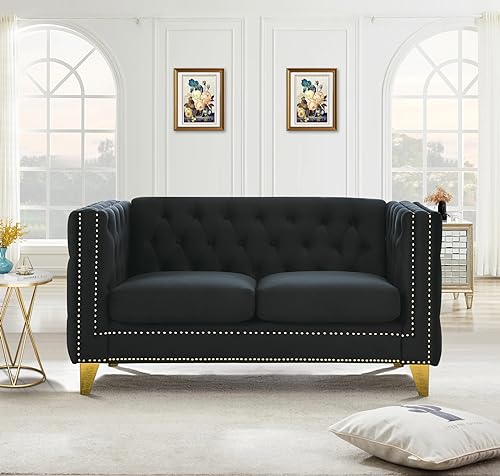 58-Inch Velvet Loveseat Sofa, Comfy Couch for Living Room, Modern Sofa with Tufted Back and Rivet Decoration, Upholstered Small Love Seat with Solid Golden Metal Tapered Legs, Black