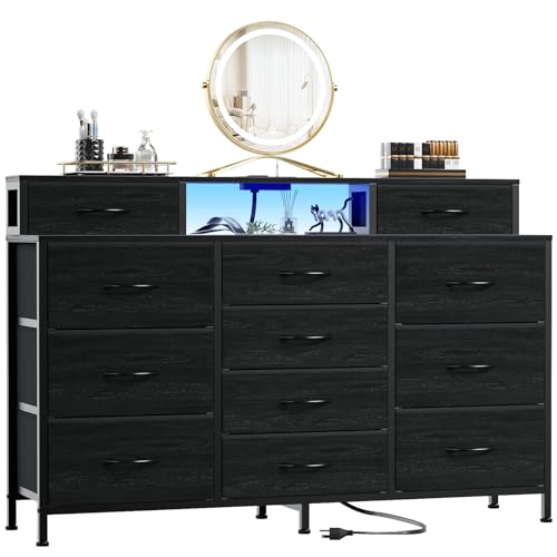 Furnulem 55' W Dresser for Bedroom with LED Lights and Power Outlets,Black Large 12 Storage Drawers...