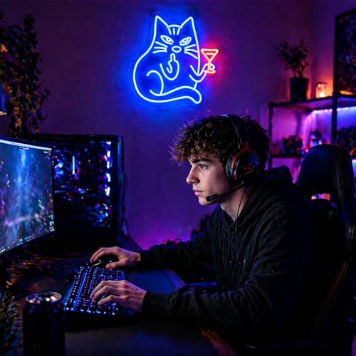 Image of Cocktail Cat Neon Sign for Wall Decor Light Up Sign Led Signs for Room Party Home Wall Decor USB Powered