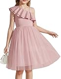 Arshiner Kleider für Mädchen Festlicheskleid Ärmellos Sommerkleid Asymmetrischer Ausschnitt Kinderkleider Spaghetti Tullkleid Rüschen Partykleid Blumenmädchenkleid Rosa 130/8-9 Jahre