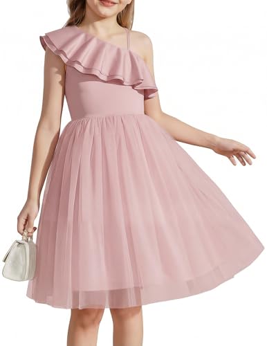 Arshiner Kleider für Mädchen Festlicheskleid Ärmellos Sommerkleid Asymmetrischer Ausschnitt Kinderkleider Spaghetti Tullkleid Rüschen Partykleid Blumenmädchenkleid Rosa 150/11-12 Jahre