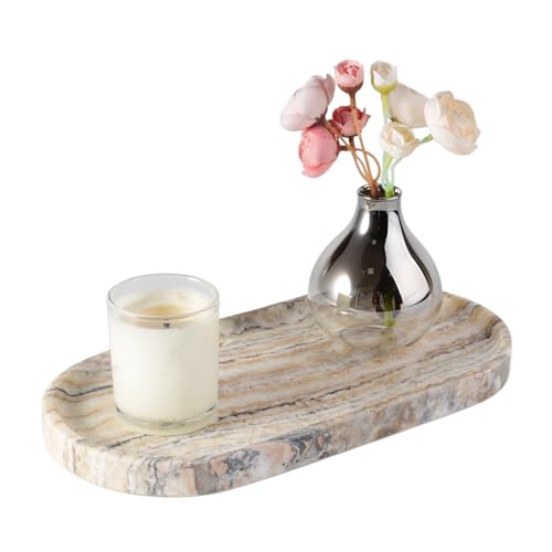Koville Natural Marble Bathroom Tray for Decor Countertop, Marble Vanity Tray for Candles Perfume, Jewelry, Cosmetics, Stone Decorative Trays for Dresser Organizer(White Traonyx)