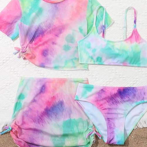 Girls 4 Piece Tie-Dye Tankini Sets Swimwear Bikini & Sun 𝐏rotection Cover Up Crop Top & Ruffle Skirt Swimsuit4
